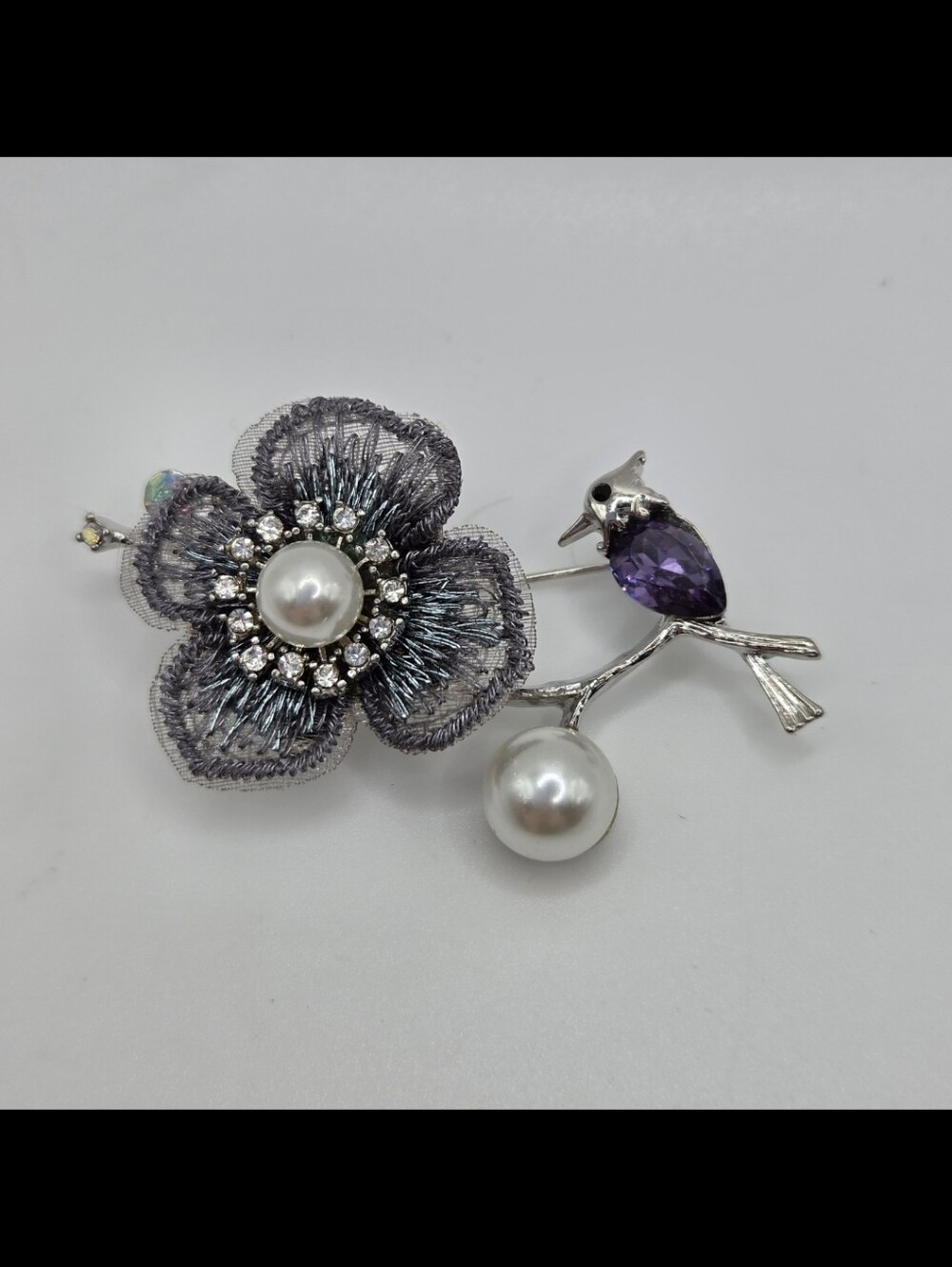 Grey Flower Bird Brooch Silver Purple Crystal Pearl Vintage Inspired New